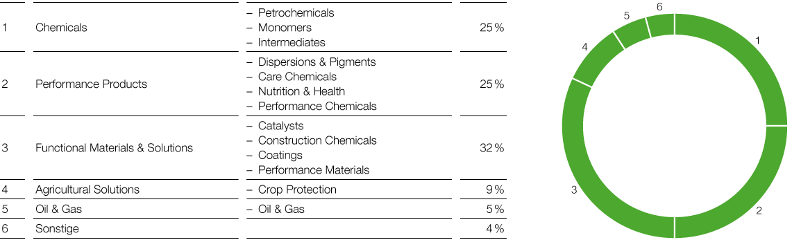 Struktur der BASF – Anteil am Gesamtumsatz des Jahres 2017 (Tortendiagramm)