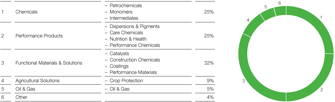 BASF structure – Percentage of total sales in 2017 (pie chart)